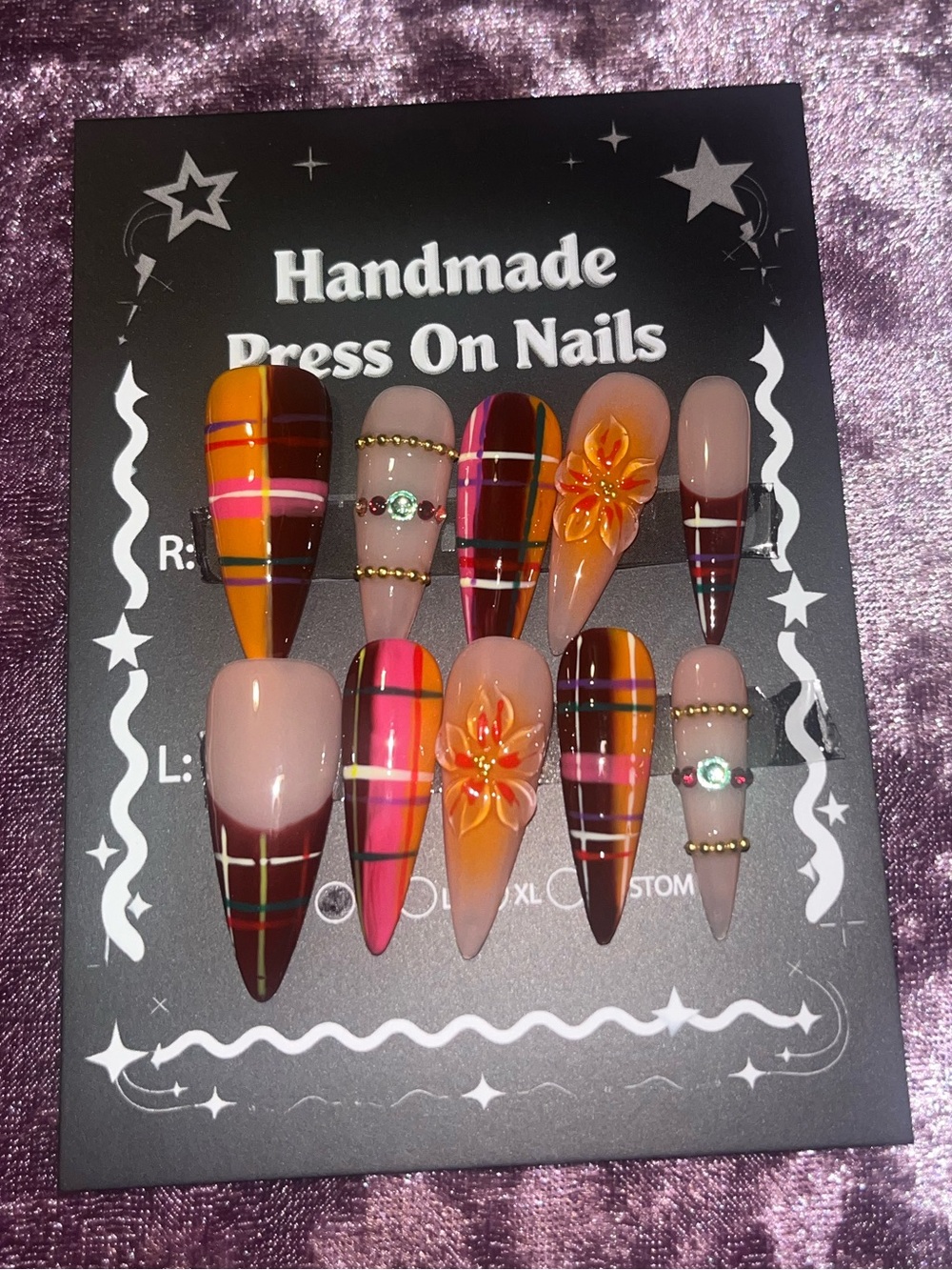 Handmade Press On Nails - Multi-Color Plaid & Floral Set